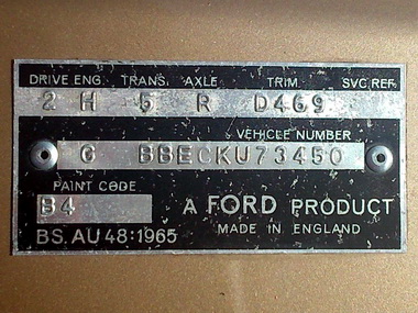 Ford Capri MkI 3000GT XLR 1970 Typenschild